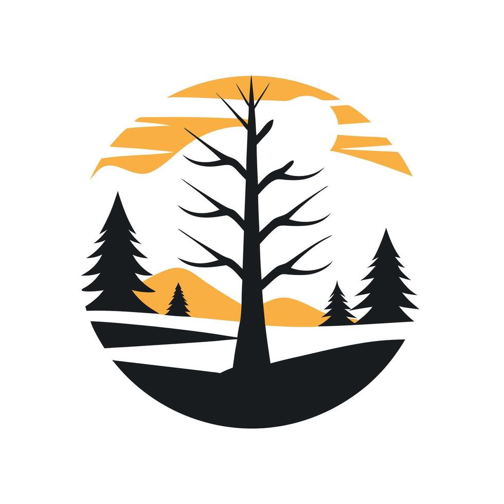 Silhouette Art of a Bare Winter Tree and Evergreen Pine Black and White Illustration vector