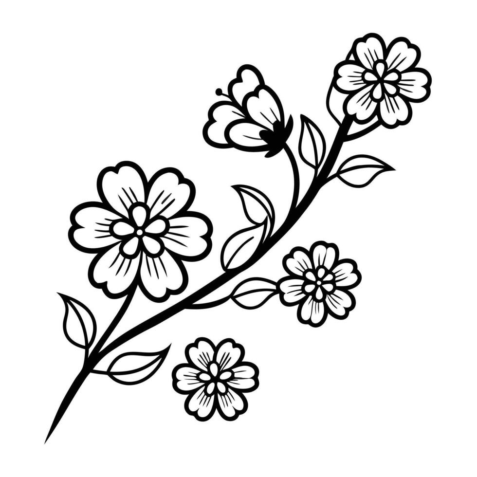 Sakura Flower Sketch Hand-Drawn Black White Floral Illustration vector