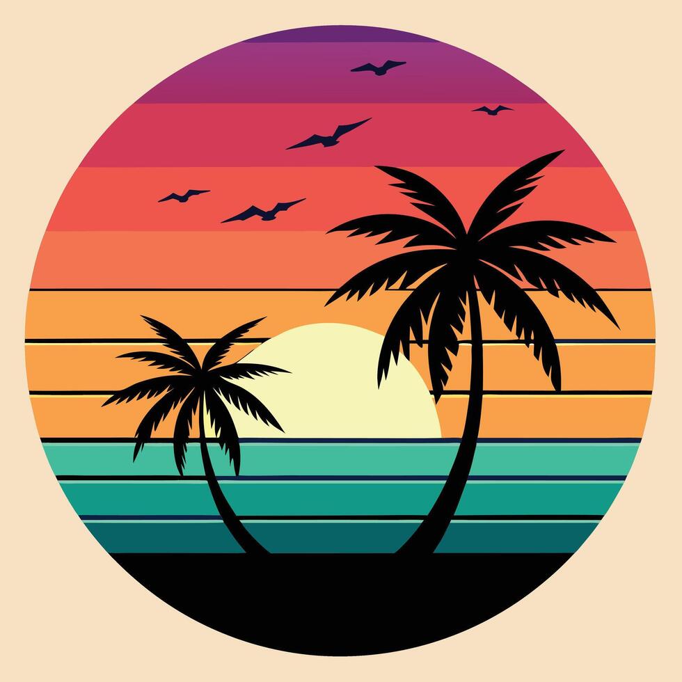 Tropical Paradise Illustration Monochrome Sunset with Palm Trees vector