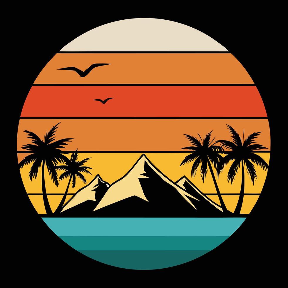 Minimalist Palm Tree Sunset Black and White Circular Beach Scene vector