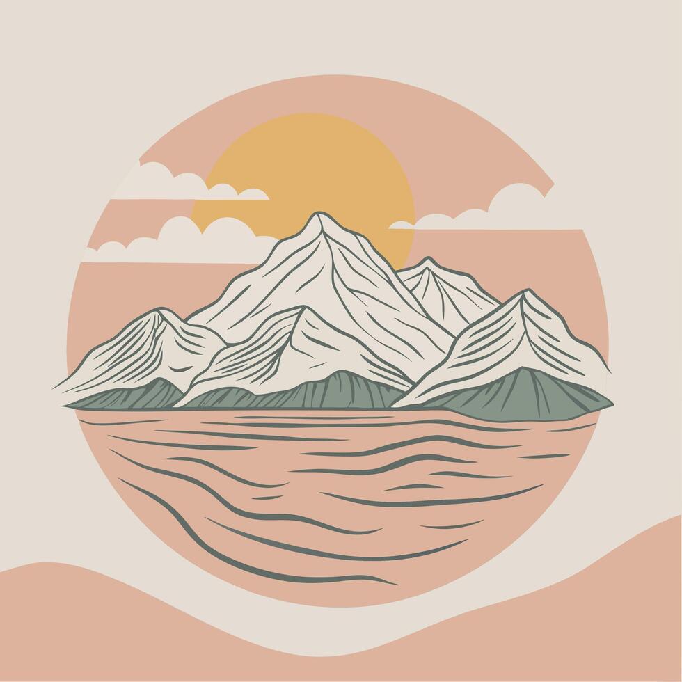 Minimalist Mountain Landscape Elegant Circular Line Art Composition vector