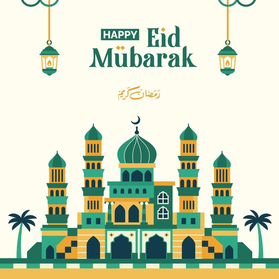 Ramadan greetings with classic mosque background in the middle of the desert, Ramadan Kareem, square green poster for Eid al-Fitr vector