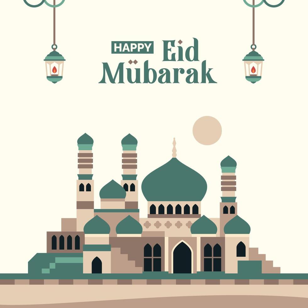 Ramadan greetings with minimalist mosque background in the middle of the desert, Ramadan Kareem, green square poster for Eid al-Fitr vector