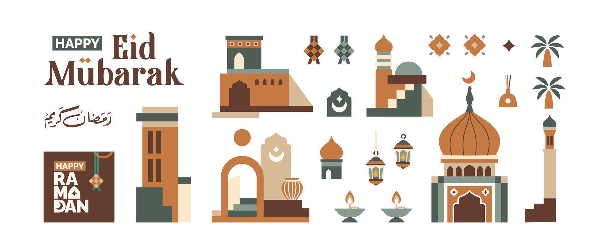 Ramadan and Eid mubarak icon collection set, mosque building illustrations, flowers, houses, towers and Islamic icons vector