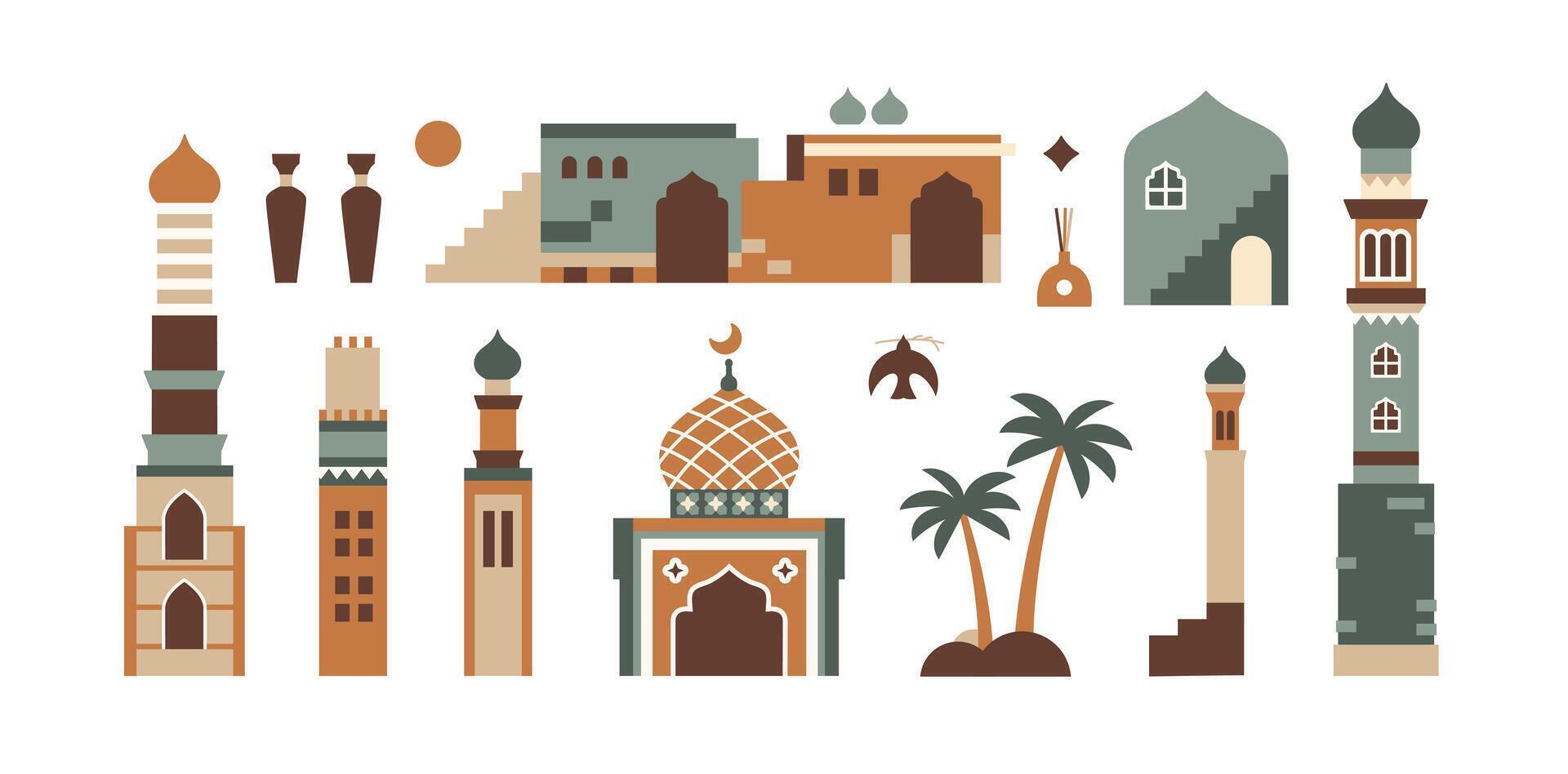 icon collection set, mosque building illustrations, flowers, houses, towers and Islamic icons vector