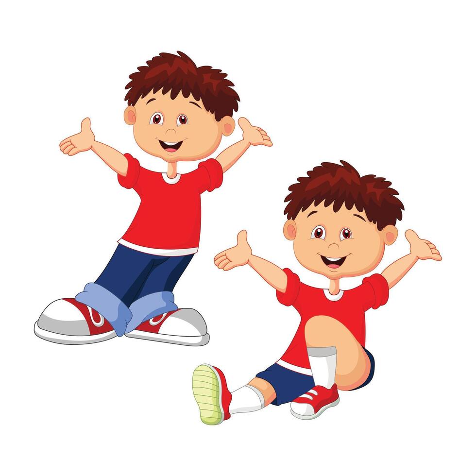 Happy Cartoon Boys Playing and Posing Outdoors in Casual Red Clothing vector