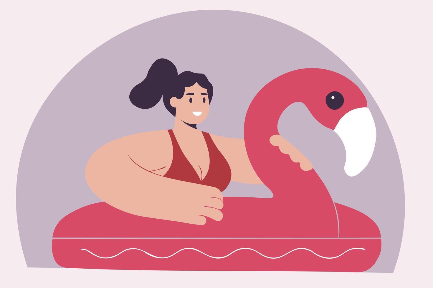 Illustration of girl with an inflatable pink flamingo float. Summer vacation vector