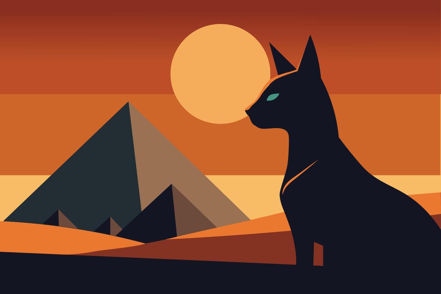 Black cat silhouette in egypt at sunset, illustration with pyramids, mysterious desert vibe, elegant feline art, golden sky backdrop vector