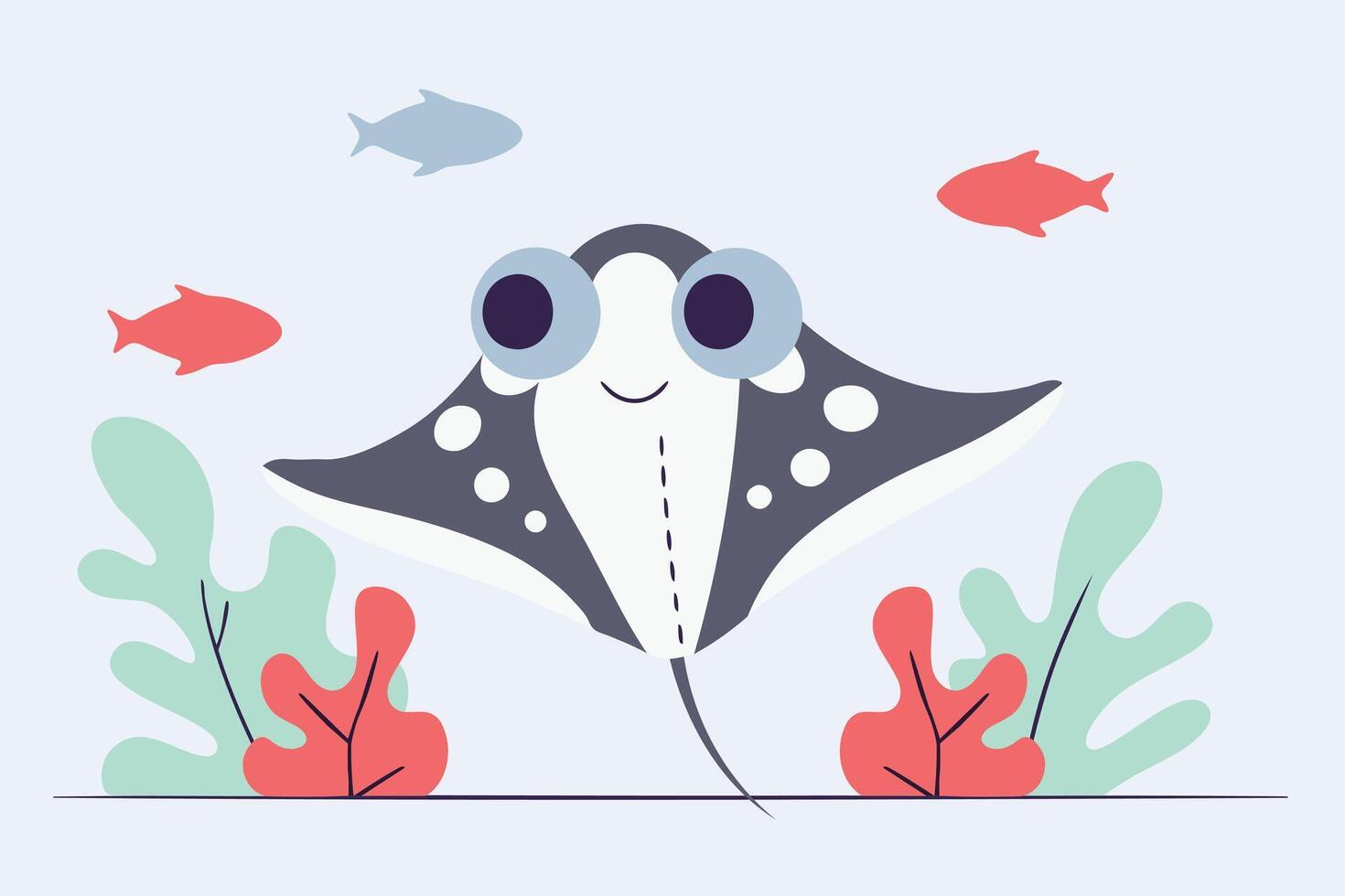 Cute cartoon stingray swimming in the ocean amidst fish and coral vector