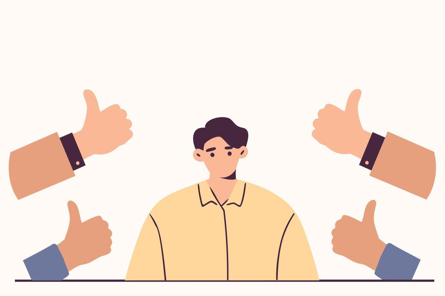 Young guy with positive gestures hands with thumbs up. Public approval concept vector