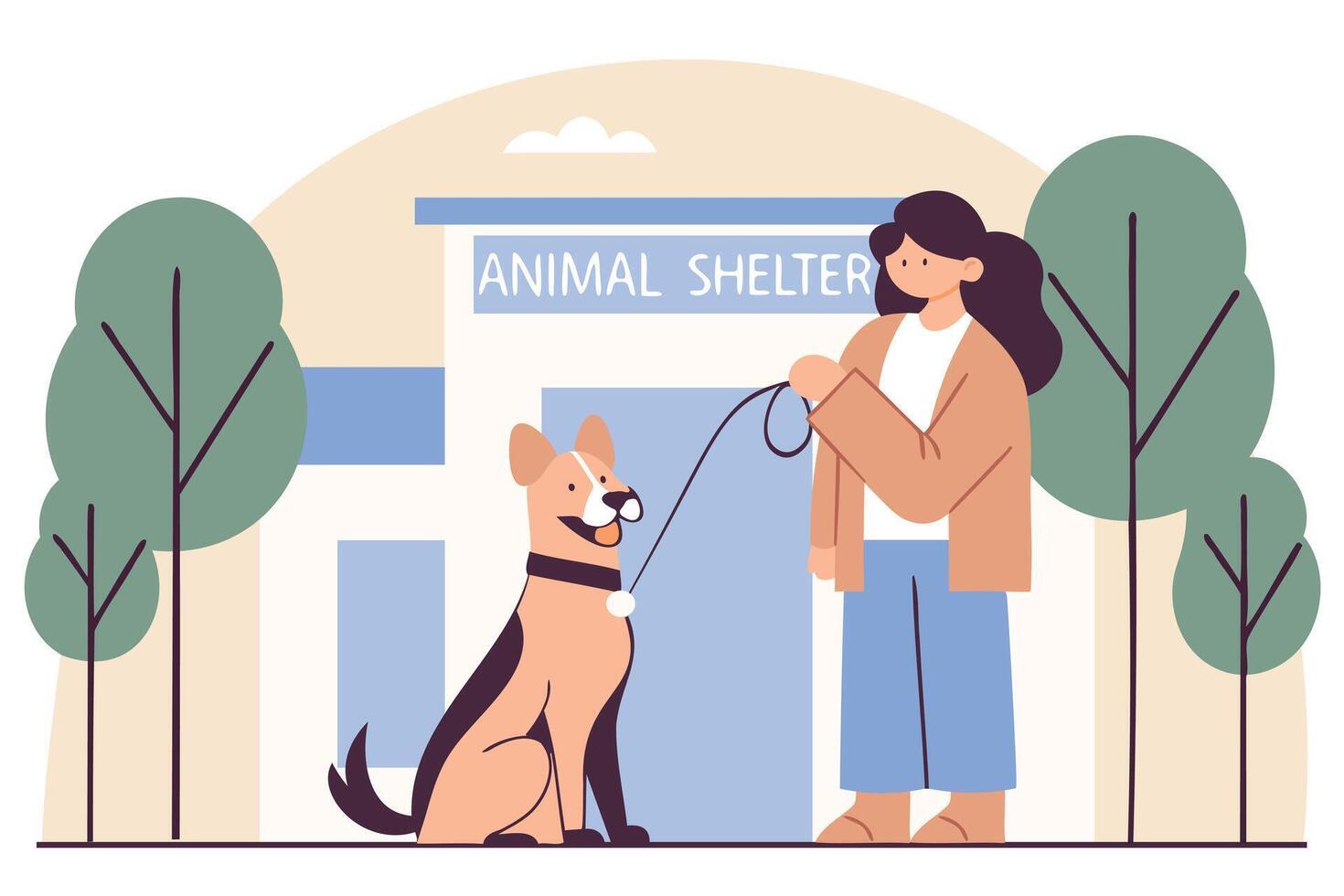 Illustration of a girl adopting a dog from a pet shelter vector