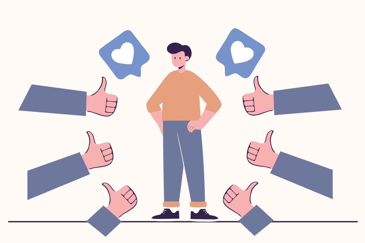 Man surrounded by thumbs up and likes, symbolizing success and social media approval vector