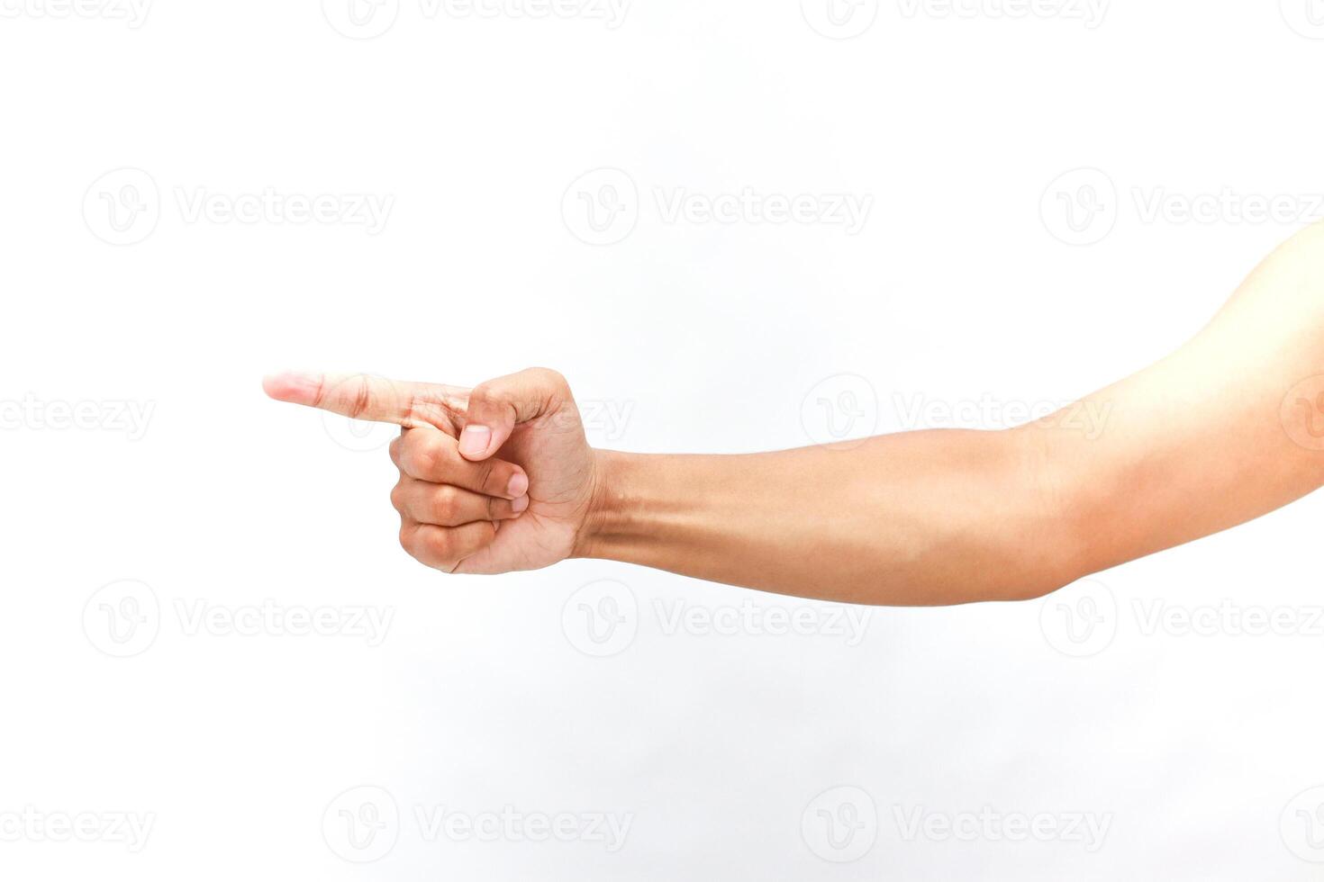 Pointing finger concept with clean arm and hand on a white background photo