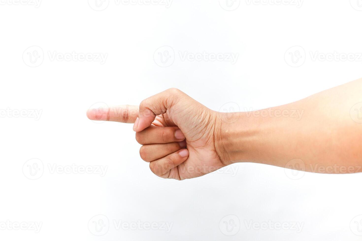 Hand pointing finger on a pristine white background photo