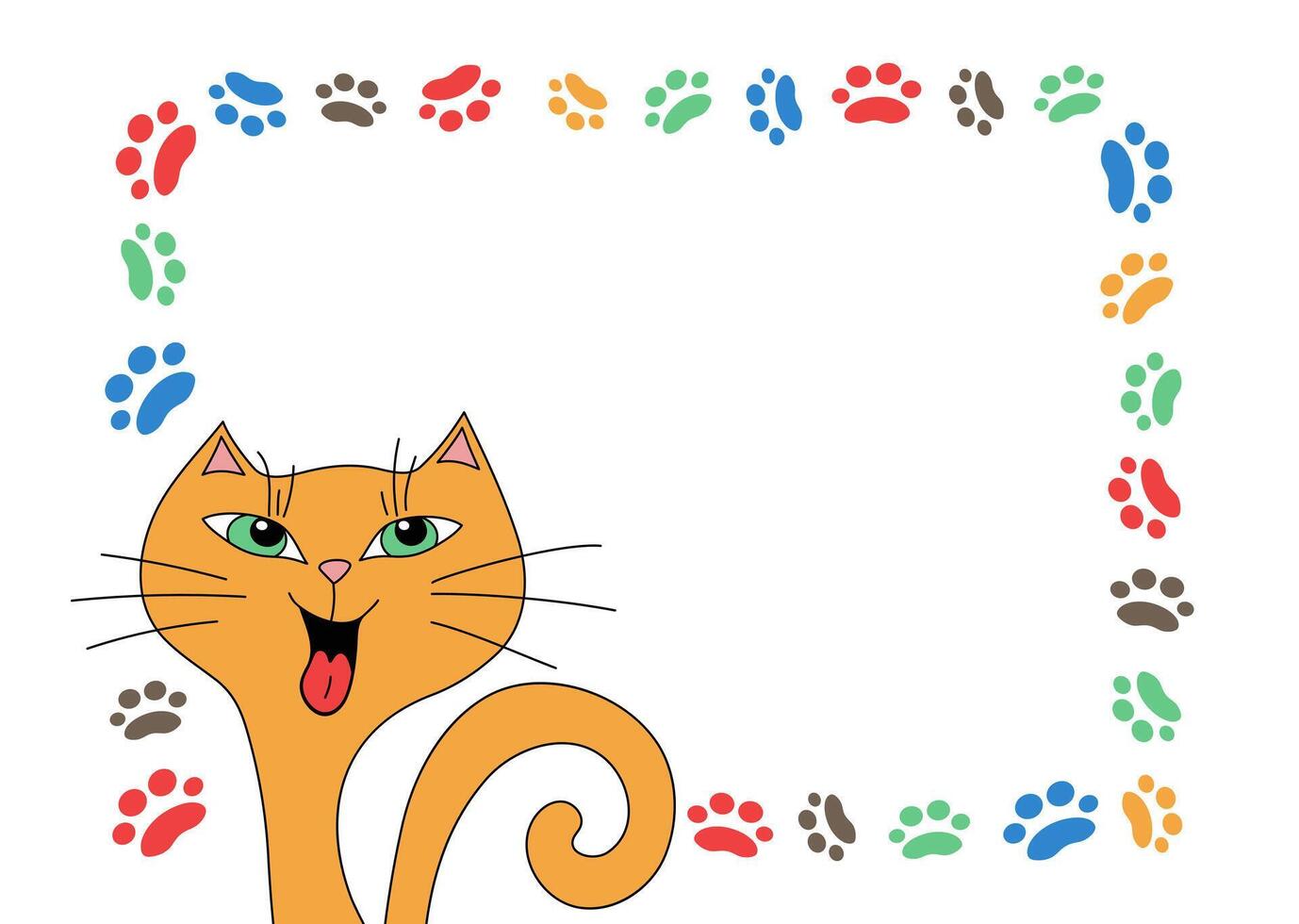 Cartoon funny ginger cat and tracks, paw prints. Frame, banner. Pet, kitten. Funny laughing cat. Postcard design, flyer design. Place for text. vector