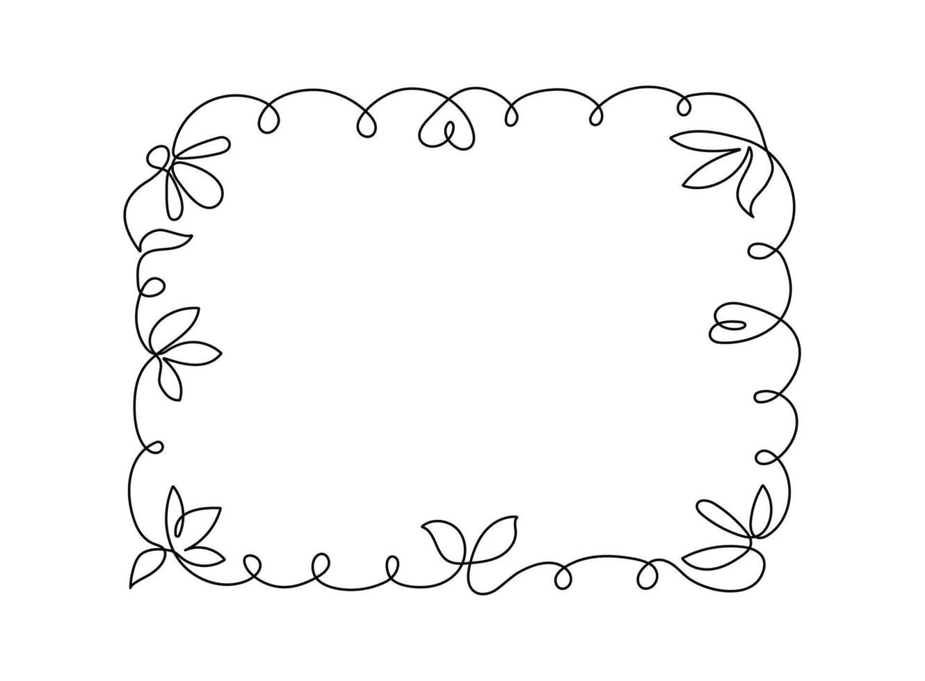 Abstract plant ornament line art. Simple frame, border. Flowers, leaves, hearts, spirals, lines, curls. One line drawing. Banner, place for text. White isolated background. vector
