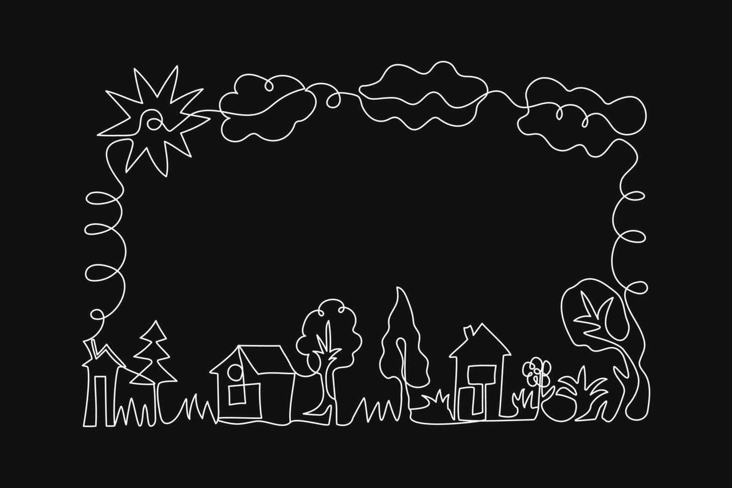 Frame, border. Houses, drawn one line.Trees, sun, clouds. Outline, monochrome illustration on isolated background with place for text. vector