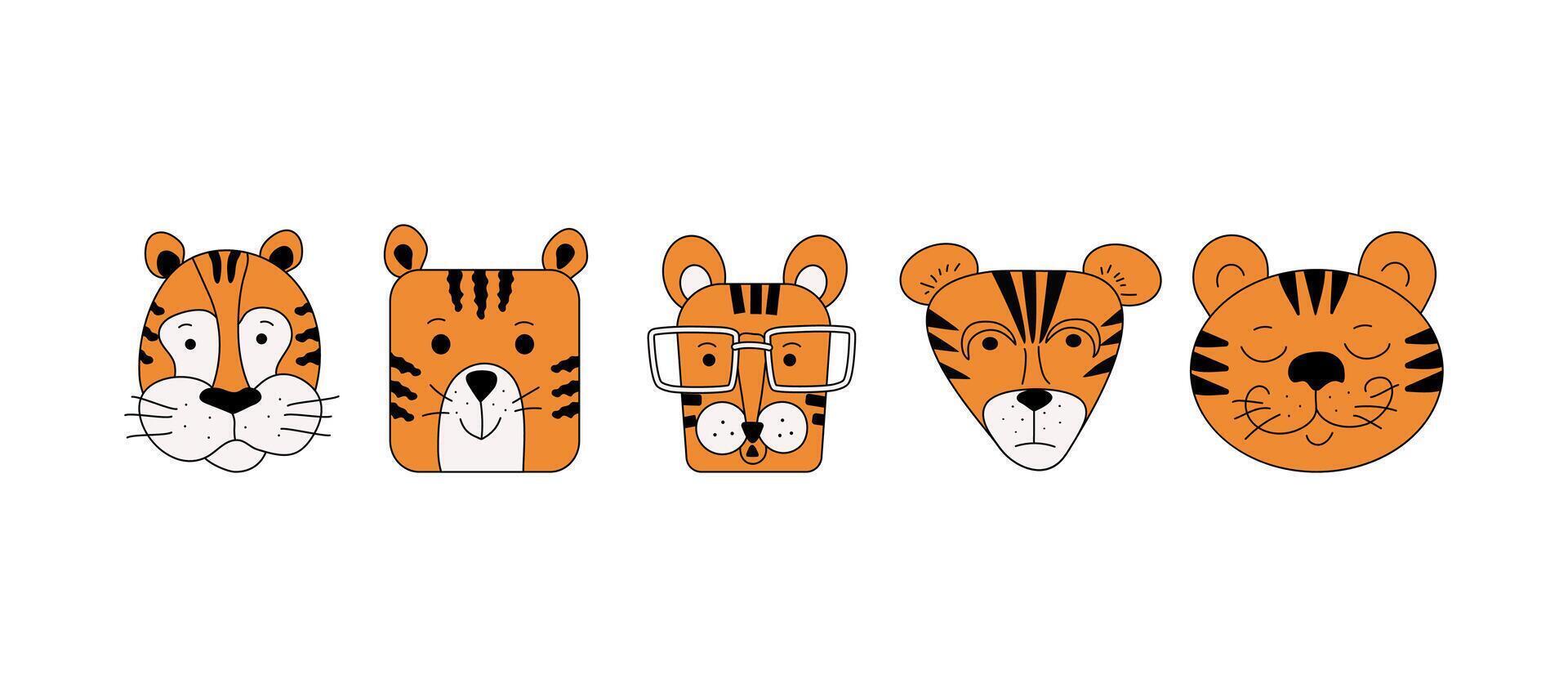 Cartoon funny tiger faces. Set wild animals. Options, emotions. Funny and sad muzzles. Drawings, doodle. Illustration on an isolated background. vector