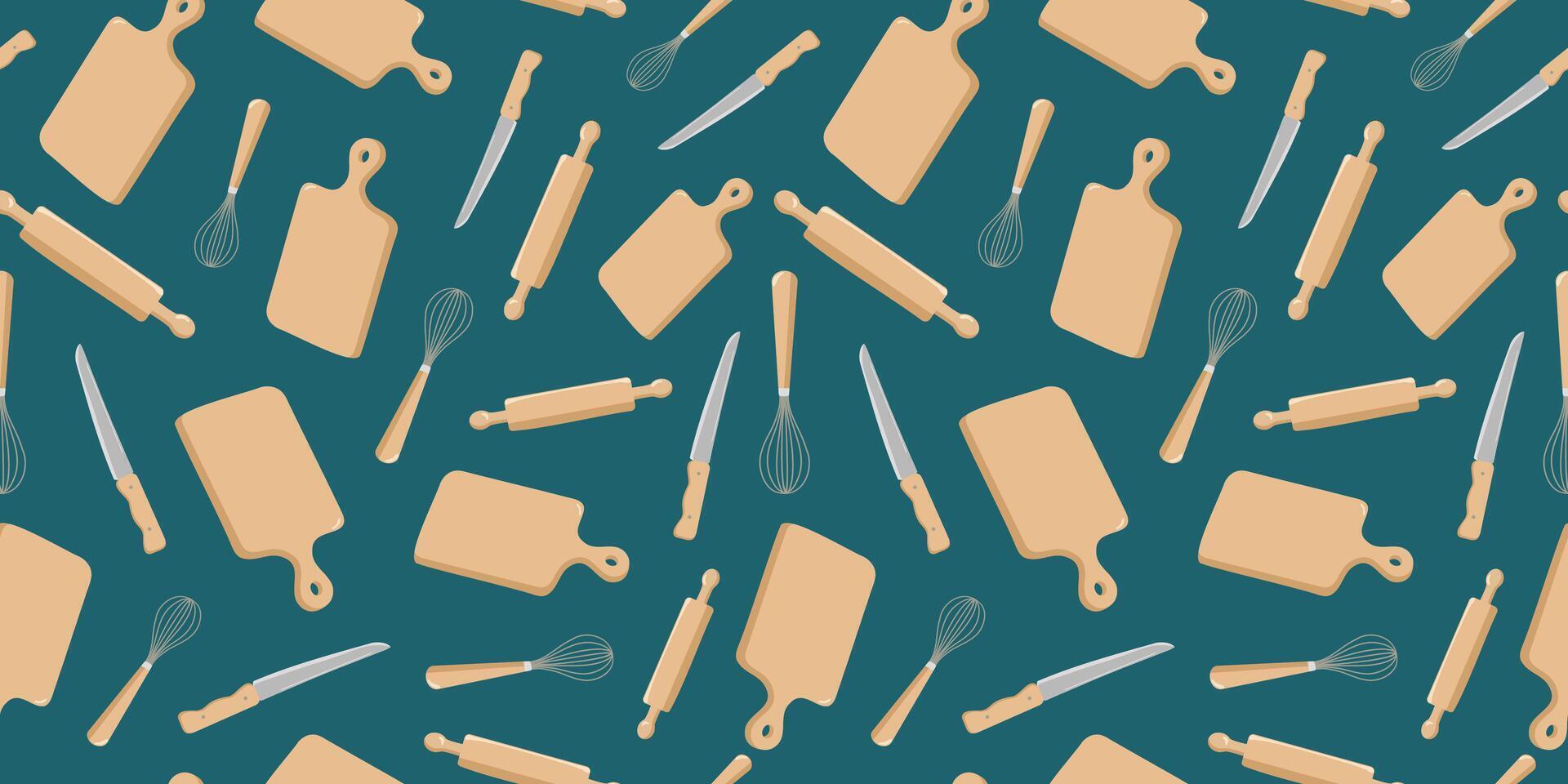 Set wooden board and knife for cutting products in the kitchen. Pattern seamless, repeating background. Rolling pin and whisk for dough. Cooking. vector