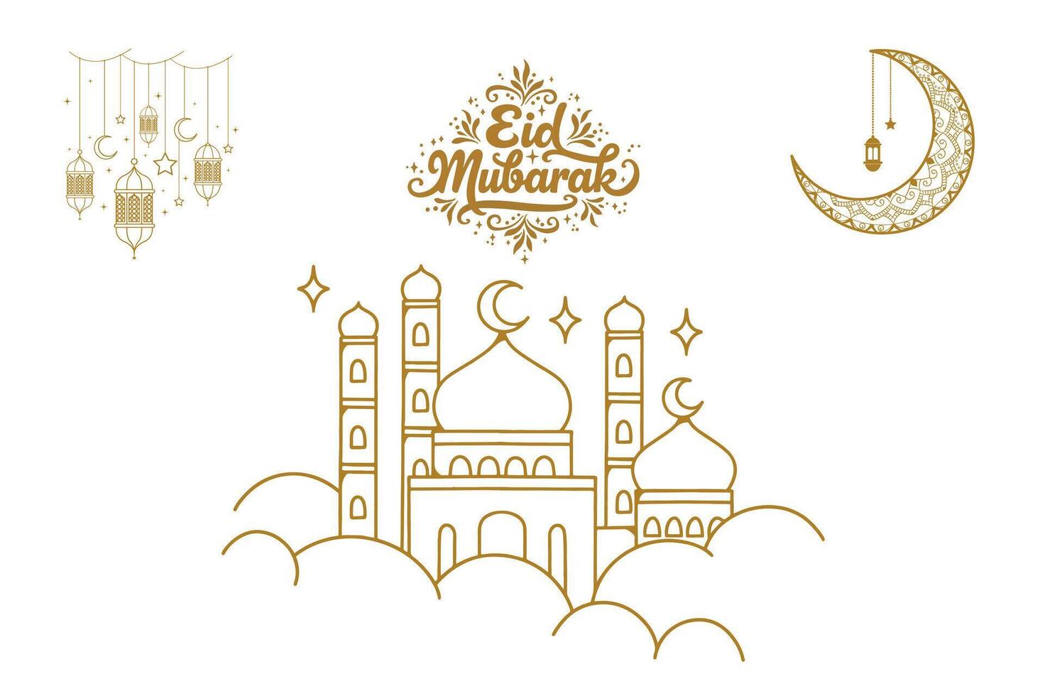 Eid Mubarak Greeting Card and Wishes with Beautiful Floral Moon and Masjid for Promotional Advertise. vector