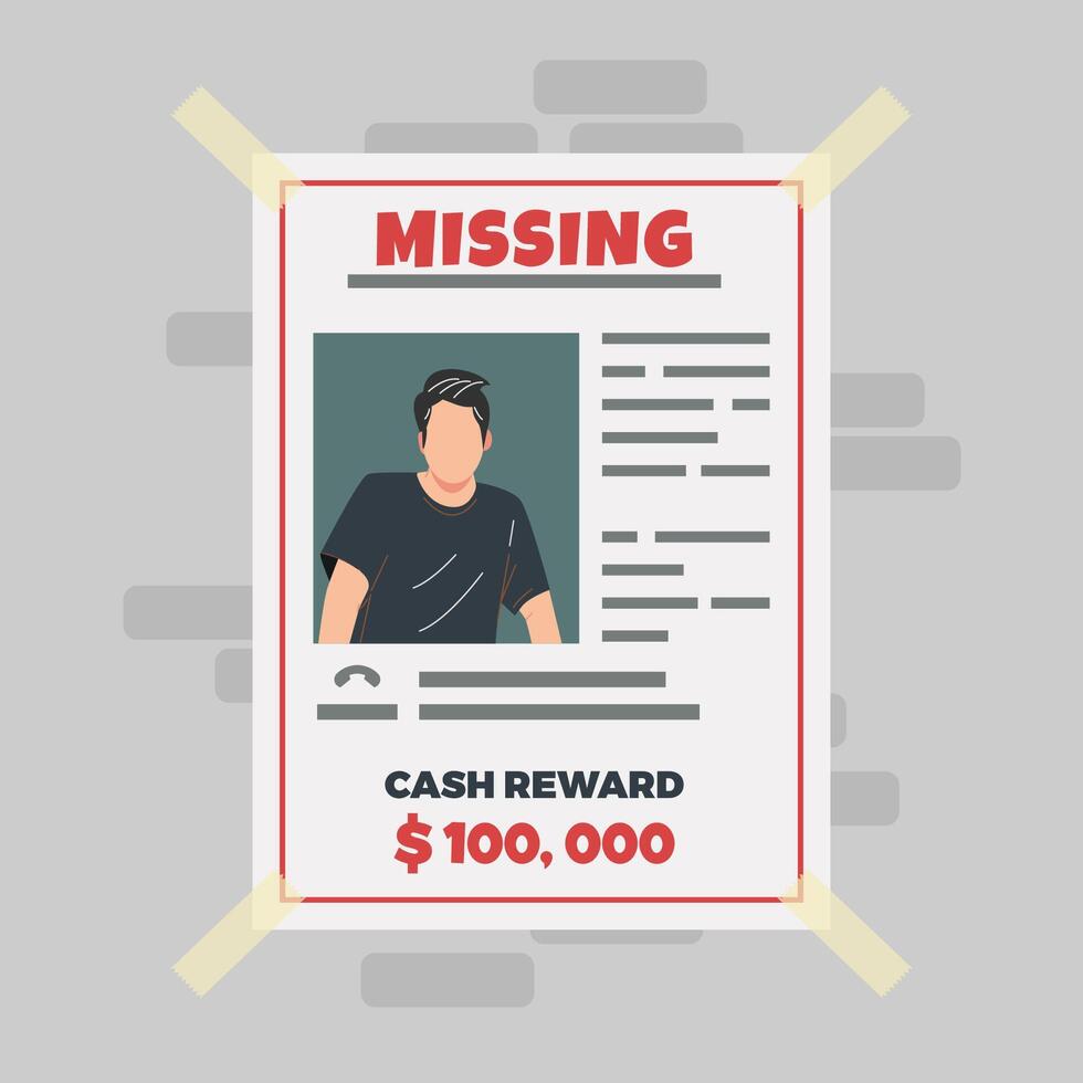 Missing person poster and cash reward for those who get it vector