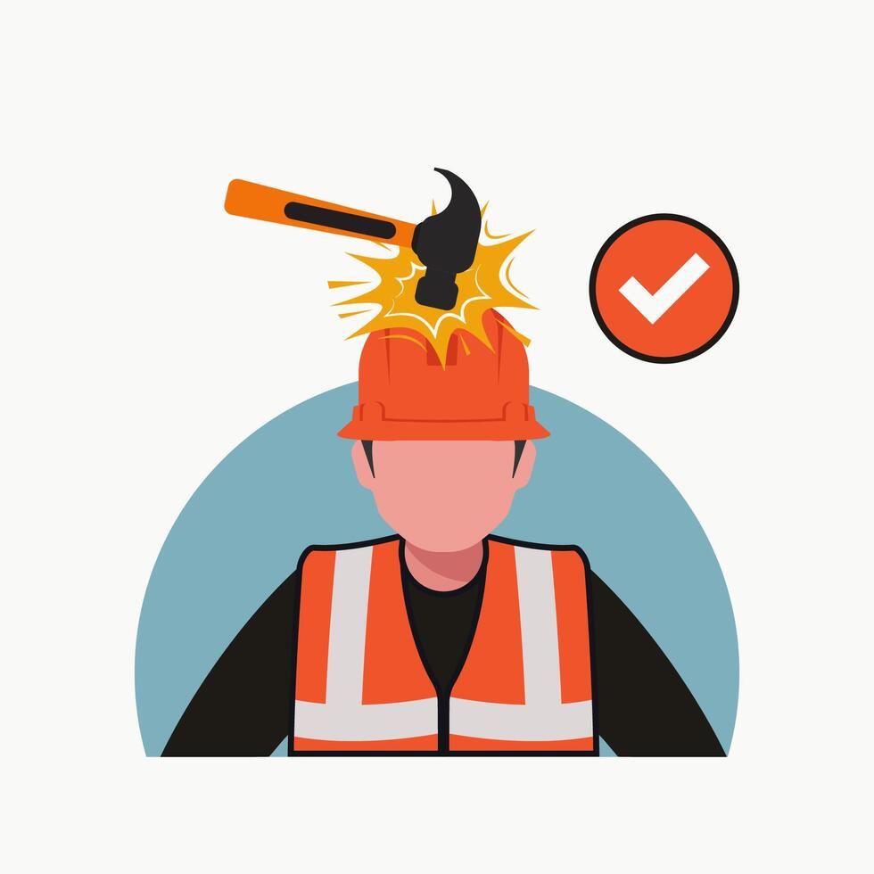 Hammer falls on the head wearing the helmet vector