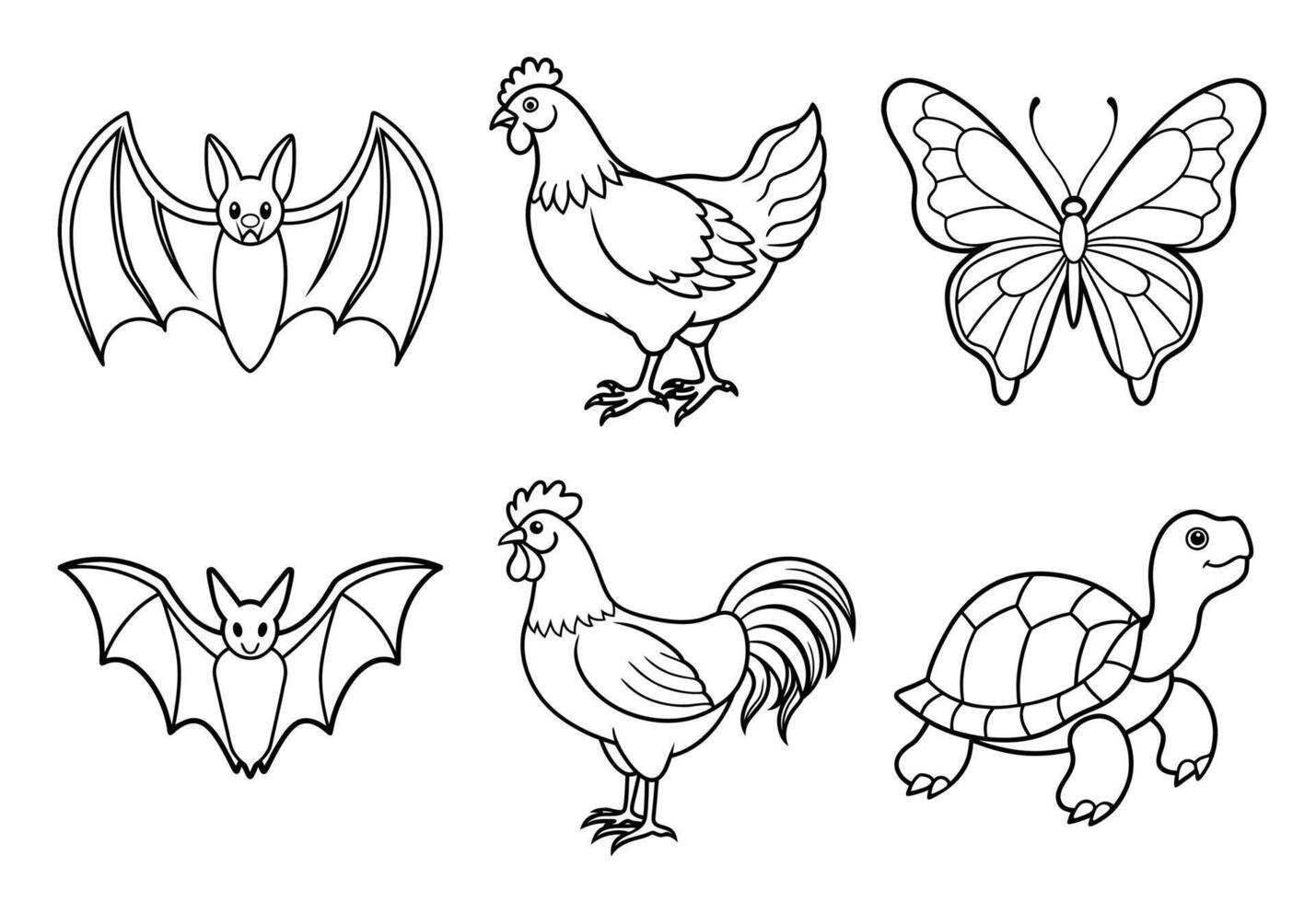 line art animals on white background, six type animals line art on white background. vector