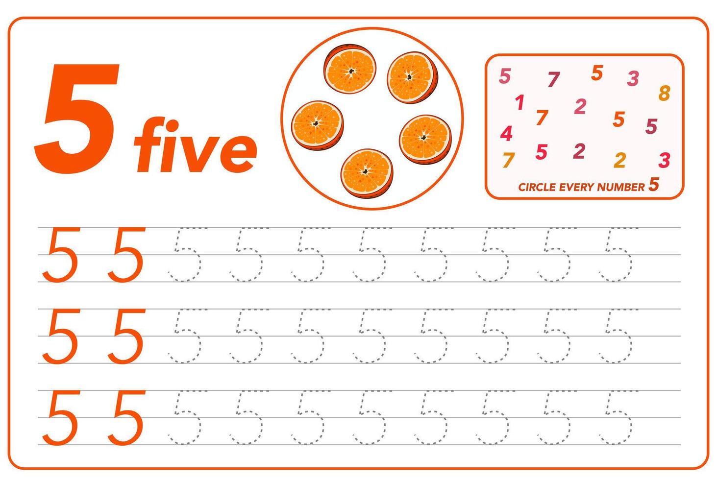 Children cards numbers. Kids Learning Material. Learning numbers, tracing numbers practice worksheet for kids learning. Play cards for kids learning maths. Mathematics cards for children with fruits vector
