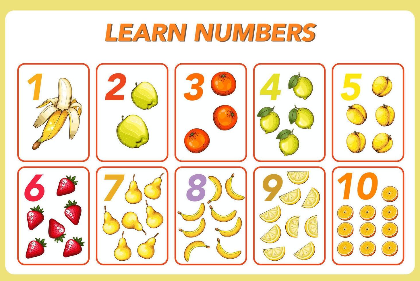 Children cards numbers. Kids Learning Materials. Learning numbers, tracing number practice worksheet for kids learning. Play cards for kids learning maths. Mathematics cards for children with fruits vector