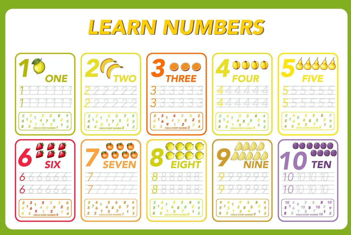 Children cards numbers. Kids Learning Material. Learning numbers, tracing number practice worksheets for kids learning. Play cards for kids learning maths. Mathematics cards for children with fruits vector