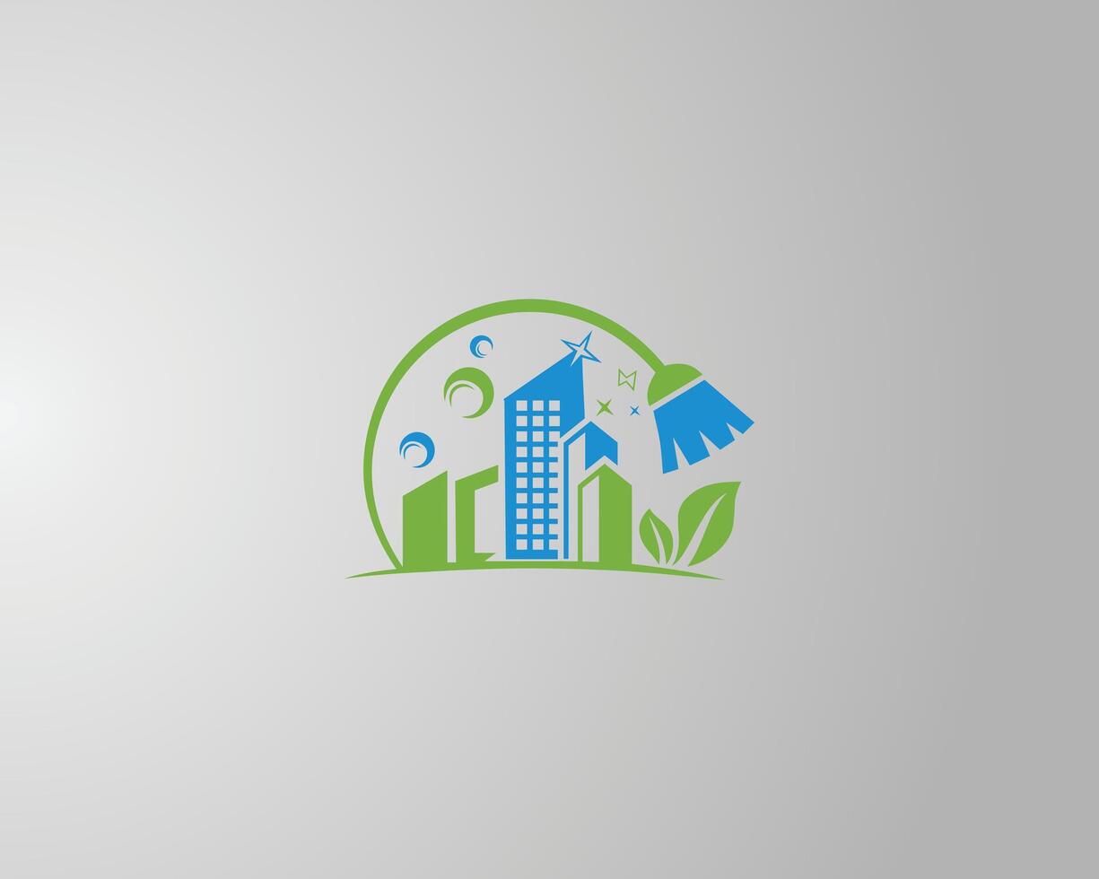 Cleaning service logo with buildings brush and leaves vector