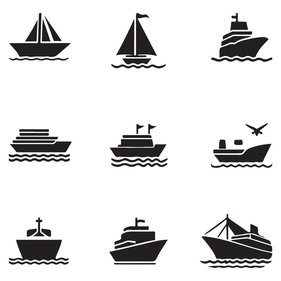 a set of black icons depicting various types of ships vector