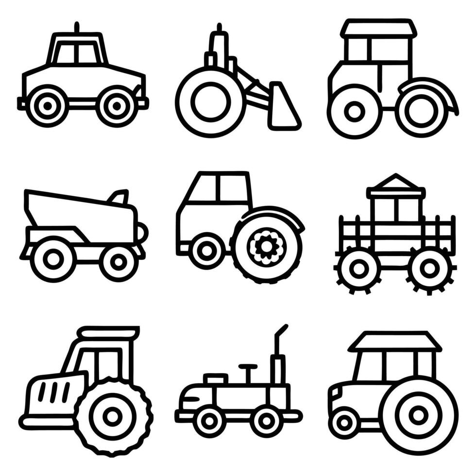 line art tractor icons set design vector