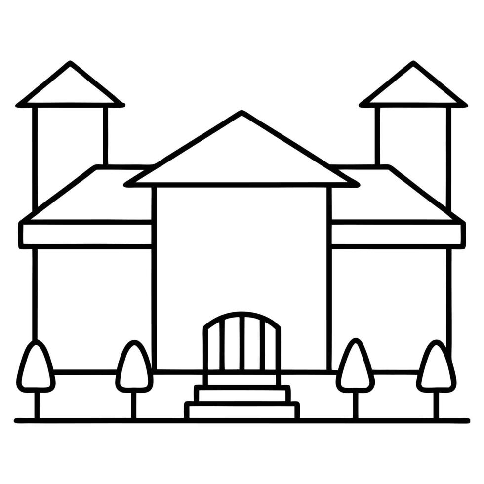 a black and white drawing of a house with trees vector