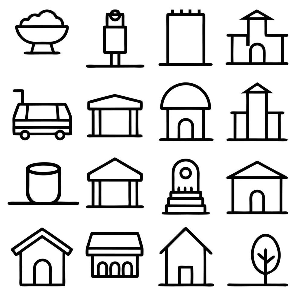 a set of icons for buildings and other objects vector