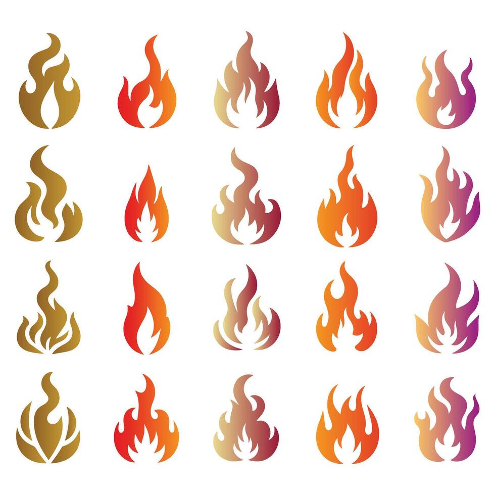 Set of fire icons and flames with orange, yellow, and red colors representing heat, danger, and power in a burning design vector