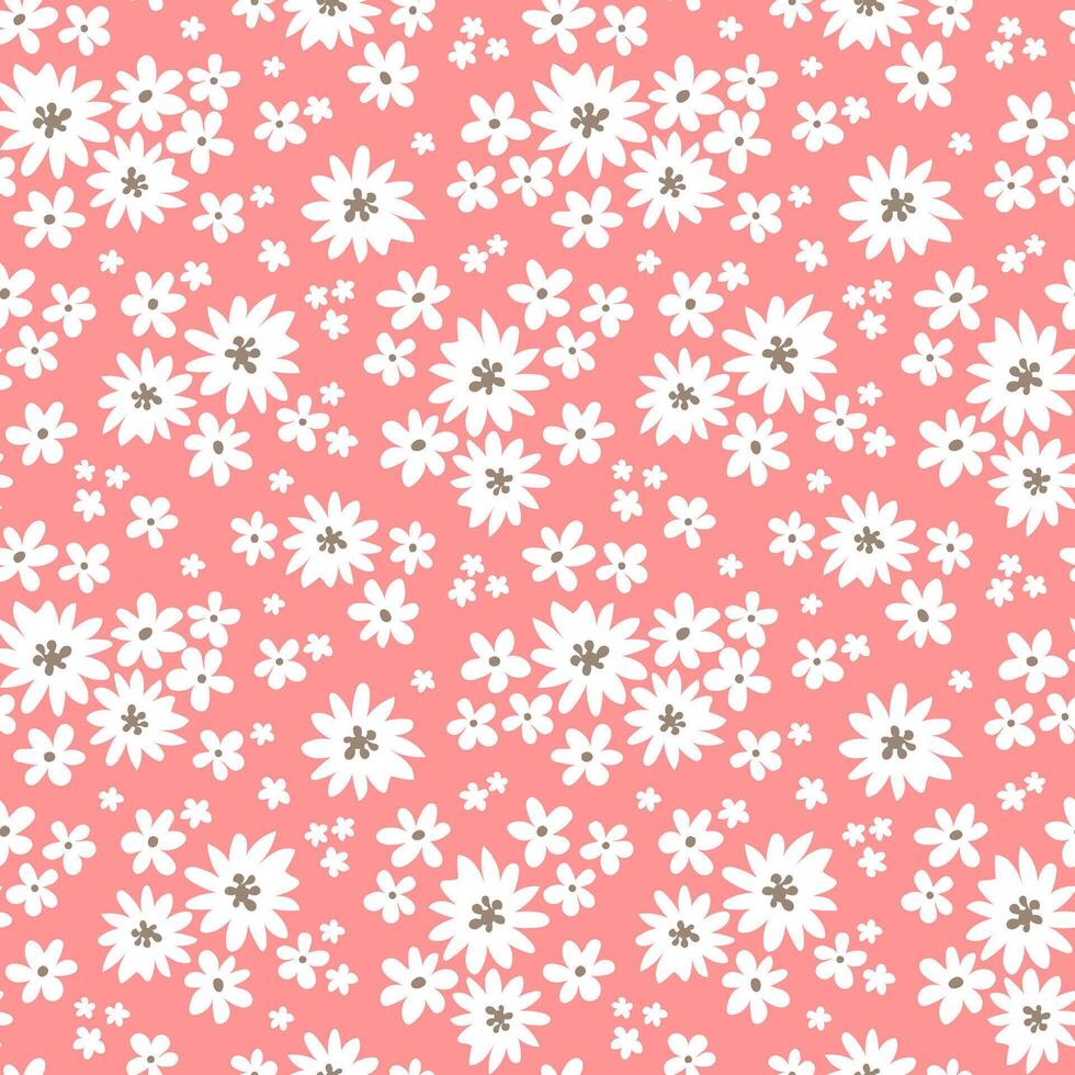 Seamless floral pattern with white flowers on pink background in ditsy stylre vector