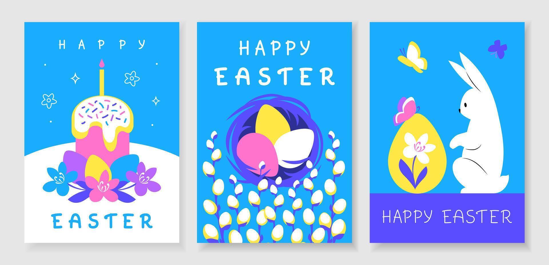 Happy Easter greeting cards with Easter cake, bunny and colored eggs on blue background vector