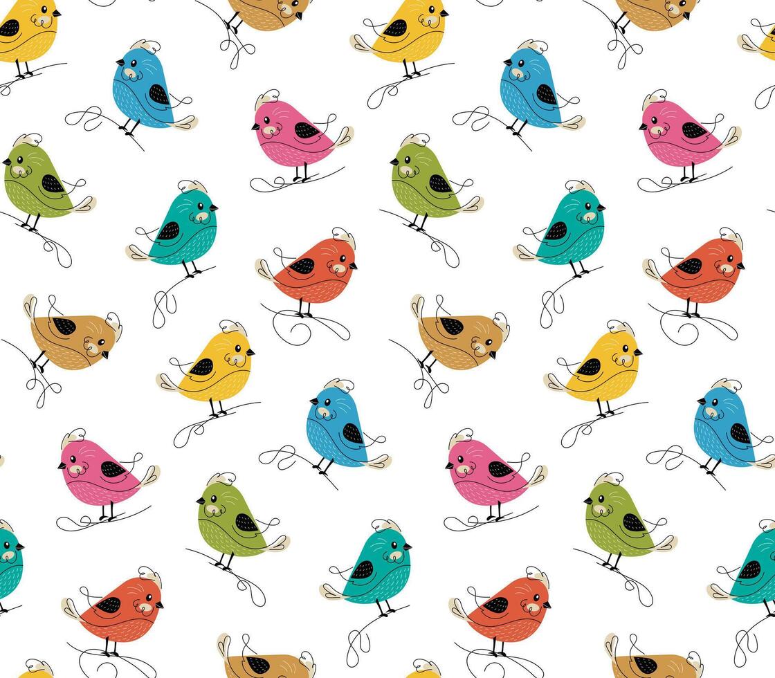 Cute seamless pattern with funny colorful birds. Hand drawn black line doodle style. illustration on a white background vector