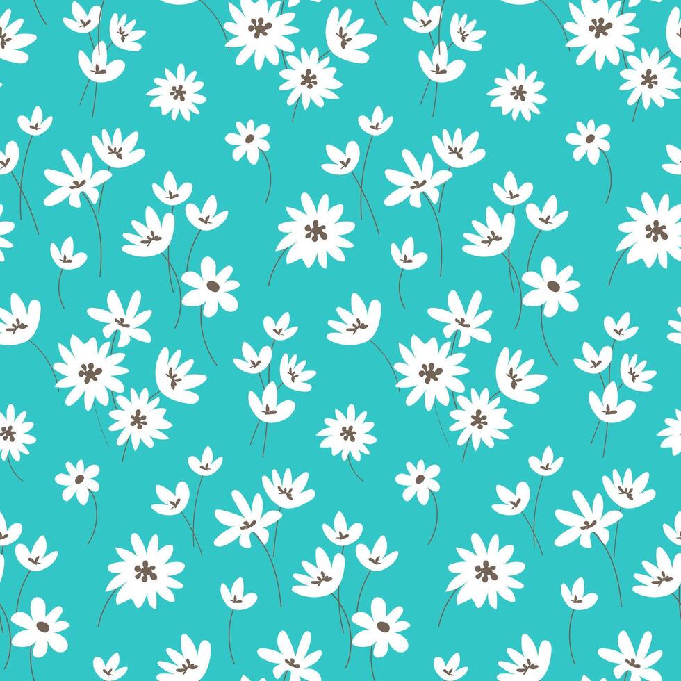 Seamless floral pattern with white flowers on turquoise background in ditsy stylre vector