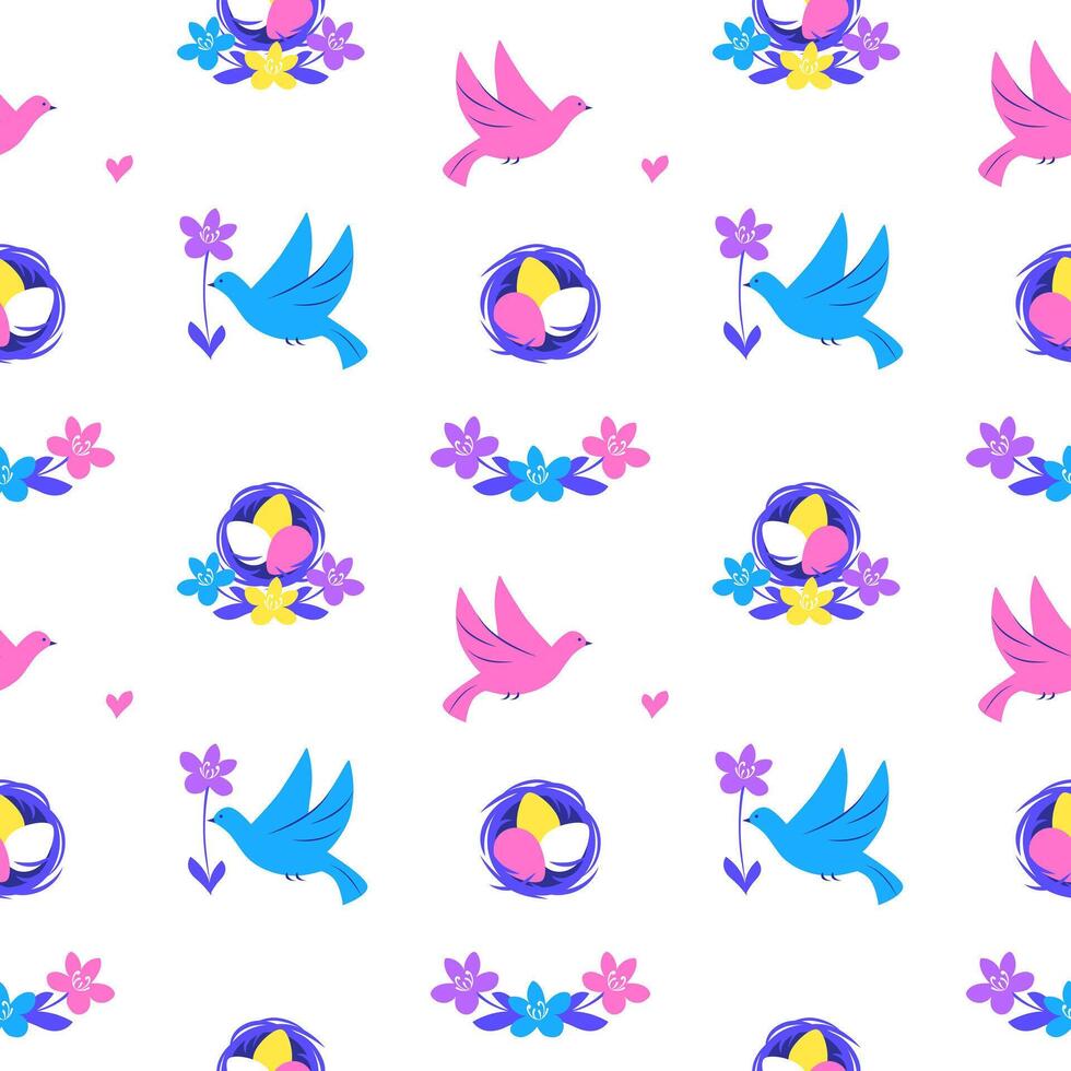 Easter seamless pattern with birds and nest full of eggs on white background, vector