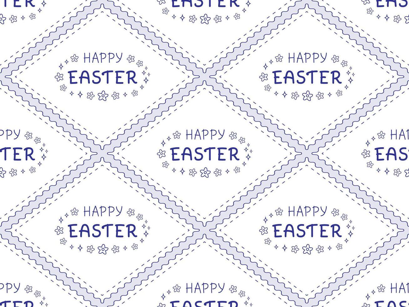 Happy Easter seamless pattern with decorative flowers in white diamond-shaped frame vector