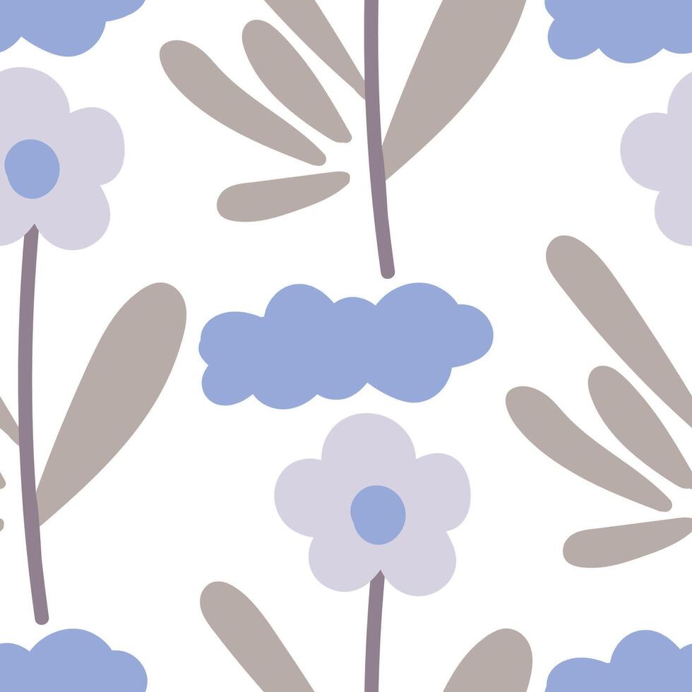Seamless pattern with herbal elements and clouds. Floral background for surface design. vector