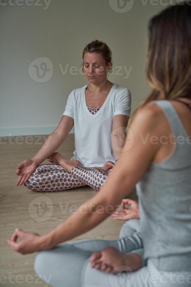 Fit females practicing Padmasana exercise in gym photo