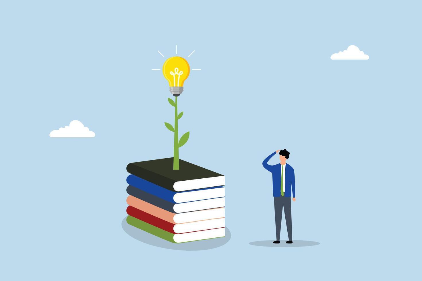 Knowledge, intelligent youthful individual with stack of books alongside light bulb plant. vector