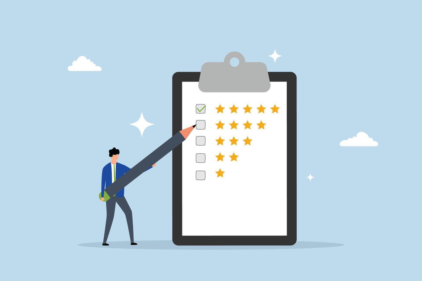 Evaluation performance survey, businessman use pencil giving stars evaluation. vector