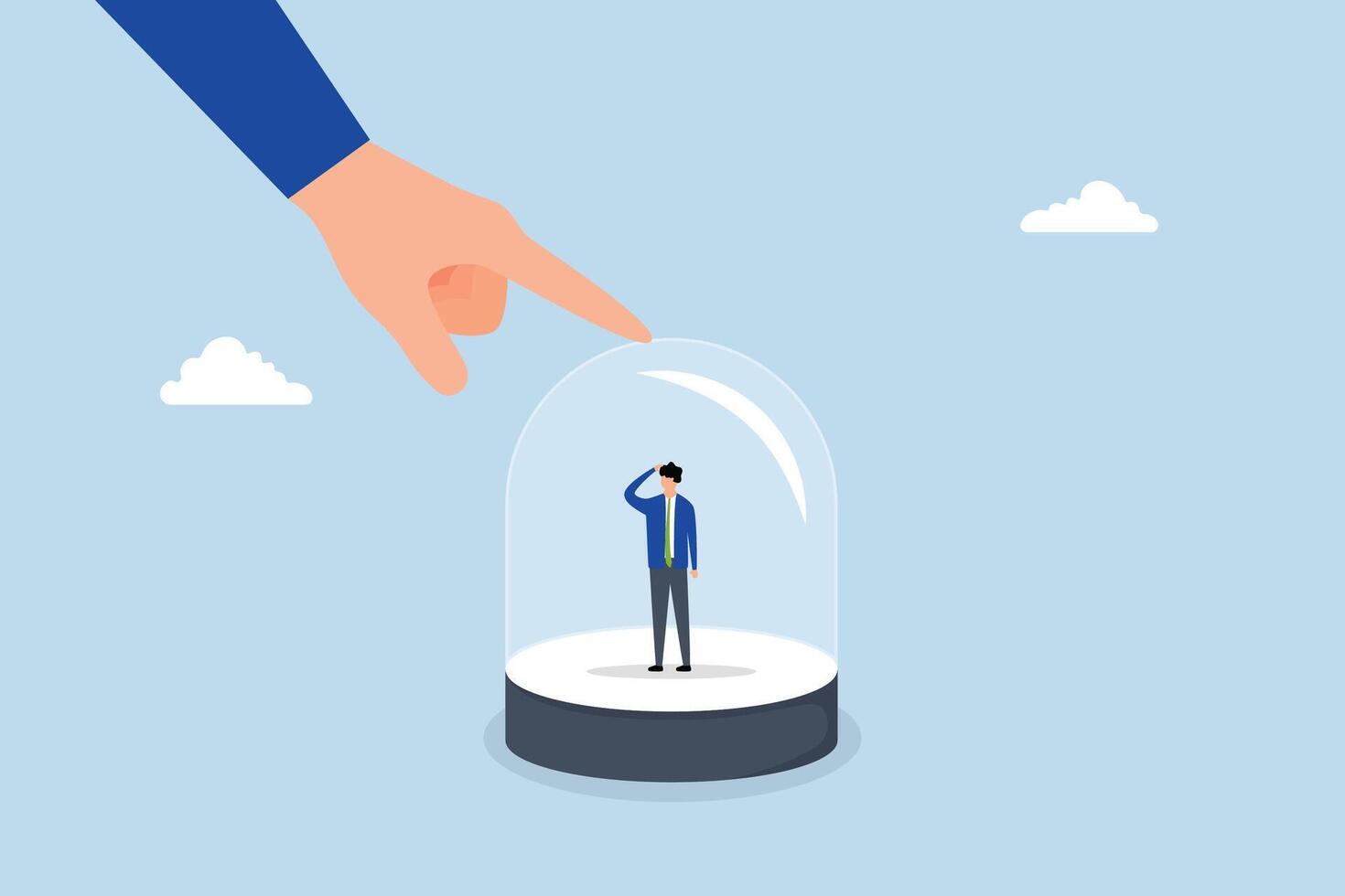 customer retention, businessman hold glass to retain small employee inside. vector