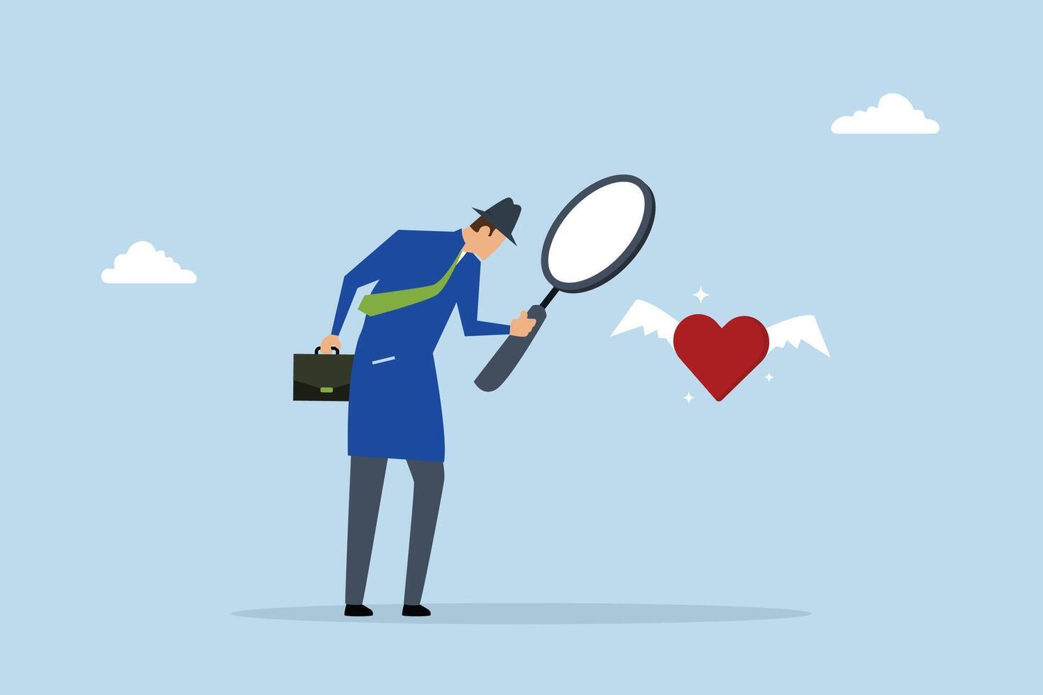 Find your passion, investigator gaze magnifying lens with love-shaped enthusiasm. vector