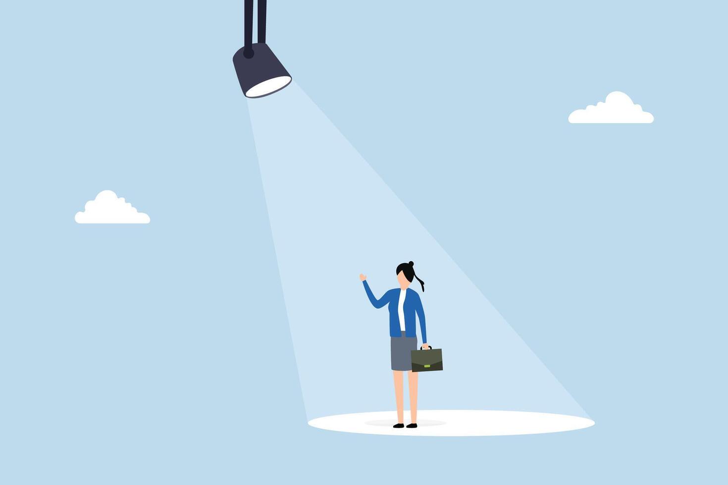 Woman in spotlight, exceptional entrepreneur standing in vivid spotlight. vector
