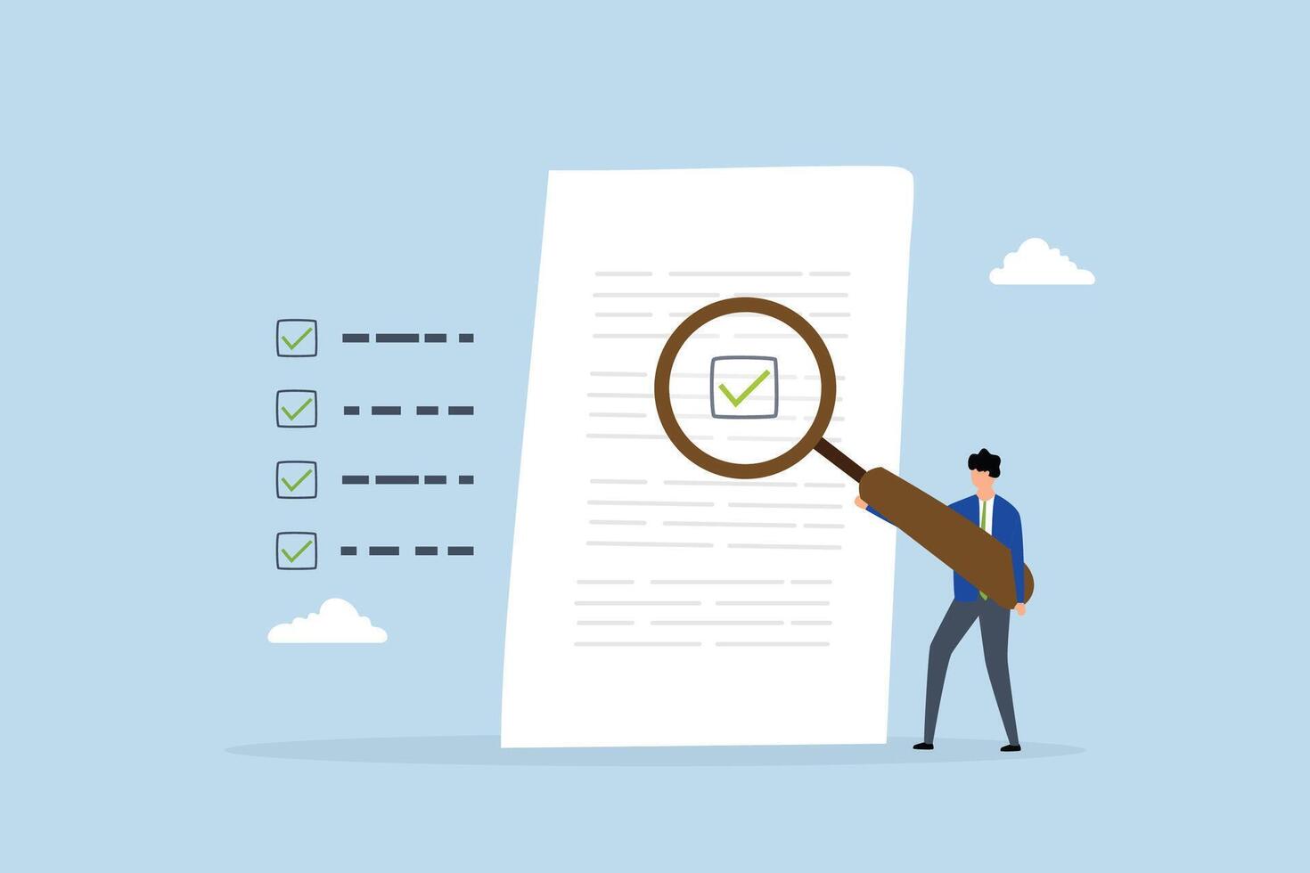 review document, businessman with magnifier inspect document. vector